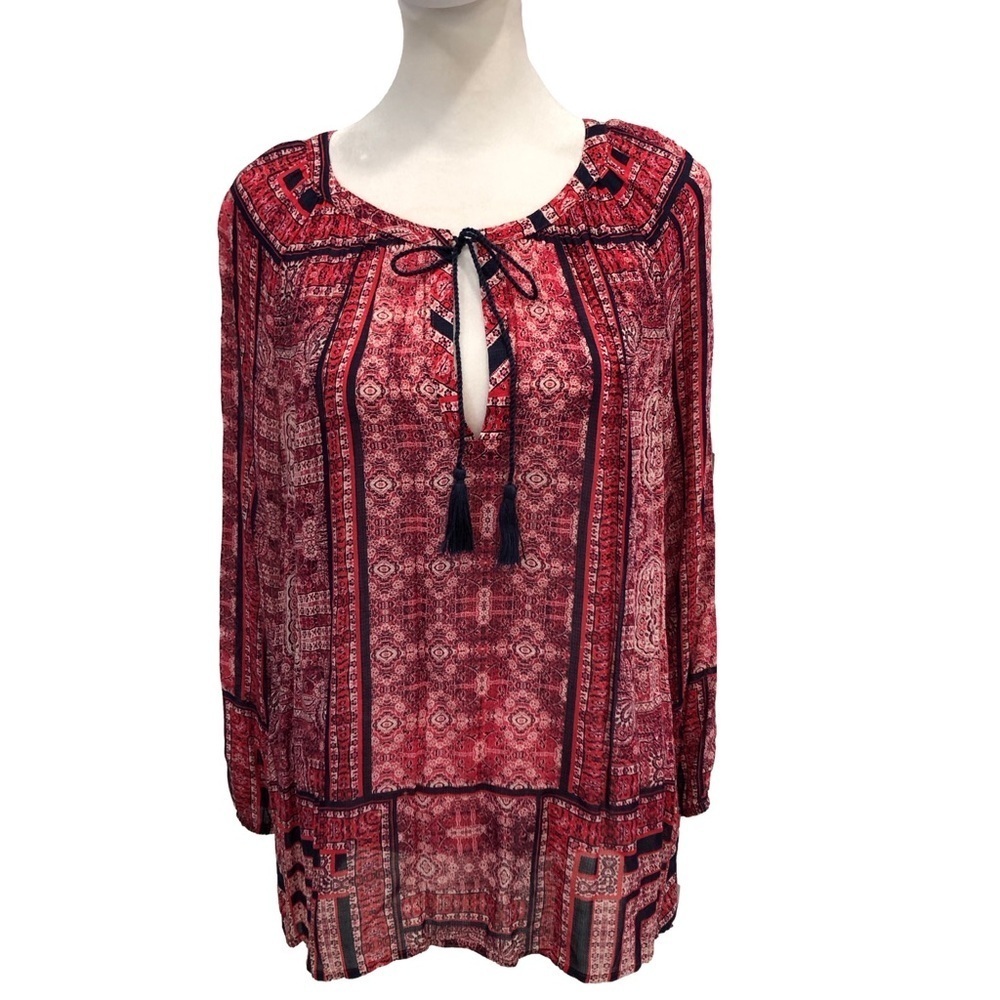 Lucky Brand Size M long sleeve top  bandana like print v neck ties tassels